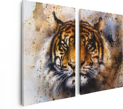 Artaza Canvas Schilderij Tweeluik Geschilderde Tijger - Abstract - 80x60 - Foto Op Canvas - Canvas Print