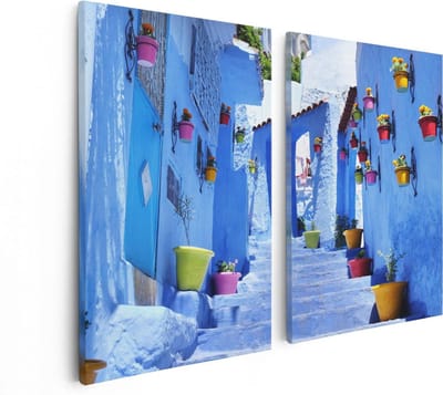 Artaza Canvas Schilderij Tweeluik Blauwe Huizen met Bloempotten in Chefchaouen, Marokko - 80x60 - Foto Op Canvas - Canvas Print