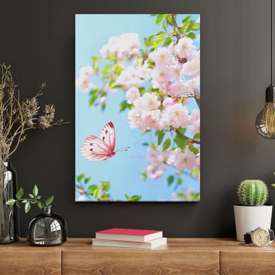 Artaza Canvas Schilderij Bloesem Met Vlinders - 20x30 cm - Klein - Wanddecoratie Woonkamer - Muurdecoratie Bloemen - Kamer Accessoires