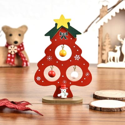 Mini Décoration d'Arbre de Noël en Bois pour Enfants Jouet d'Intelligence DIY, Support de Bureau, Cadeau de Noël as picture rouge