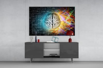 Glasschilderij - Brein met Formules en Kleurrijke Lichten - Moderne Wanddecoratie - 90x60 cm