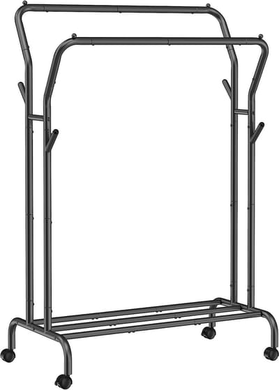 Verrijdbaar Kledingrek – Dubbele Roede – Inclusief Opbergplank – Zwart – Max. 100 kg – Industrieel Stalen Frame – Kapstok op Wielen