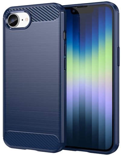 MobyDefend Hoesje - Geschikt voor iPhone 16e / iPhone 17e - TPU Backcover - Geborstelde Metaal & Carbon-Look - Blauw