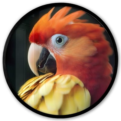 Poster in lijst Rond - Fotolijst 40x40 cm - Posters - Close-up - Papegaai - Veren - Oranje - Ronde posterlijst zwart - Decoratie - Wanddecoratie woonkamer - Muurdecoratie slaapkamer