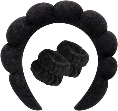 Stijlvolle Haarband voor Vrouwen met 1 Make-up Haarband en 2 Polsbanden voor Huidverzorging en Douche, Zwart