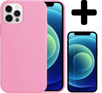 Hoesje - Met Screenprotector - Geschikt voor Apple iPhone 12 Pro - Sterk & Shockproof - Telefoon Hoes - Back Cover - Siliconen Case - Telefoonhoes - Lichtroze