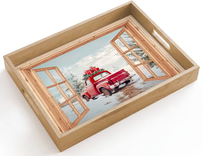 Dienblad hout 40x30 cm - Schootdienblad - Doorkijk - Auto - Kerst - Cadeaus - Winter - Landschap - Borrelplank rechthoek - Plateau dienbladen