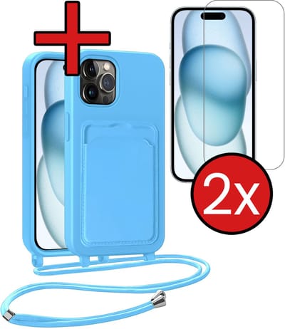 Hoesje Geschikt voor iPhone 14 Pro Hoesje Met Telefoonkoord en Pasjeshouder Met 2x Screenprotector Siliconen - Hoes Geschikt voor iPhone 14 Pro Hoesje Met Kaarthouder Case - Lichtblauw