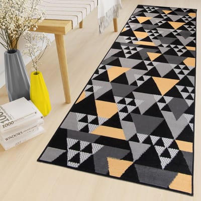 Tapiso Maya Loper Vloerkleed Zwart Geel Gang Modern Woonkamer Gang Maat- 80x100