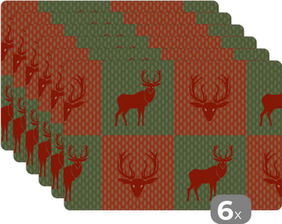 Placemat - Placemats kunststof - Patroon - Hert - Groen - Rood - 45x30 cm - 6 stuks - Hittebestendig - Anti-Slip - Onderlegger - Afneembaar