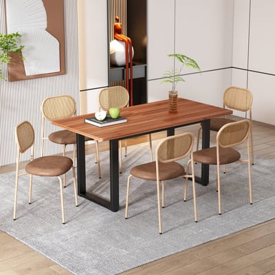 REDOM - Set Van 6 Eetkamerstoelen - Ovale Rugleuning Van Natuurlijk Rotan - Metalen Poten - PU Zitting - Bruin