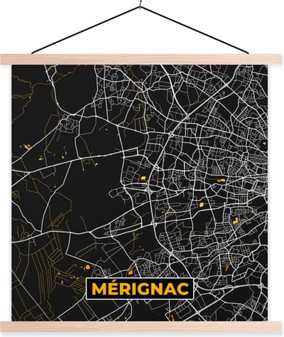 Posterhanger incl. Poster 40x40 cm - Schoolplaat - Kaart – Stadskaart – Mérignac - Plattegrond – Frankrijk - Textielposter - Blanke latten - Stadskaart