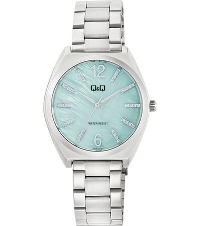 Q&Q Q90B-003PY - Horloge - Polshorloge - Analoog - Dames - Vrouwen - stalen band - Overig - Metaal - Cijfers - Strepen - Zilverkleurig - Turkoois Groen