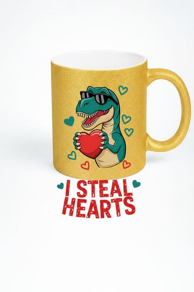 Gouden Glitter Mok T-Rex "I Steal Hearts" - Grappige Dino Valentijn Beker met Zonnebril