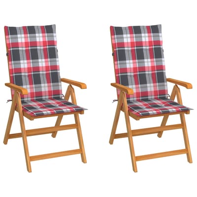 vidaXL - Inklapbare - stoelen - 2 - st - met - rood - geruite - kussens