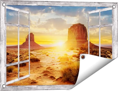 Gards Tuinposter Doorkijk Zonsondergang in Woestijn Monument Valley - 60x40 cm - Tuindoek - Tuindecoratie - Wanddecoratie buiten - Tuinschilderij