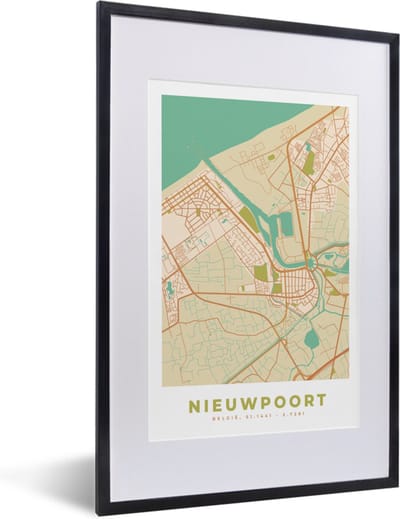 Fotolijst incl. Poster - België - Plattegrond - Nieuwpoort - Kaart - Stadskaart - 40x60 cm - Posterlijst