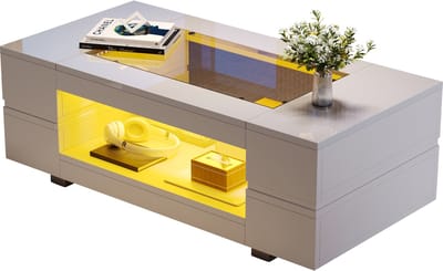 Salontafel Wit - LED Salontafel - Bluetooth App Bediening - Met Opbergruimte - Hoogglans Glazen Blad - Woonkamer - 100x50x35cm - Wit