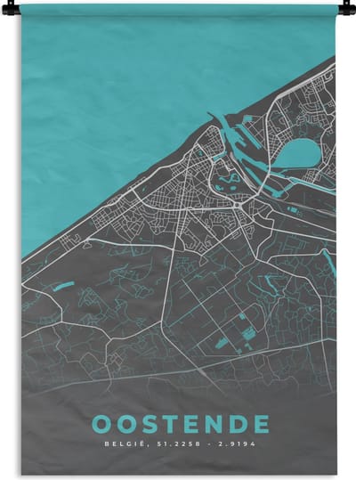 Wandkleed - Wanddoek - België – Oostende – Stadskaart – Kaart – Blauw – Plattegrond - 120x180 cm - Wandtapijt