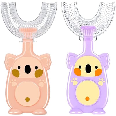 Dailygoods - U-vormige tandenborstel, 2 stuks, kindertandenborstel, U-vorm, 360 graden tandenborstel voor de hele mond, siliconen kindertandenborstel, U-vorm, 2-4 jaar (roze + paars)
