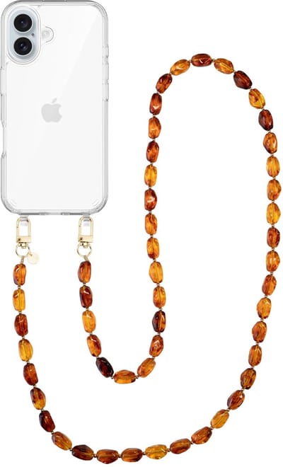 xoxo Wildhearts telefoonhoesje geschikt voor iPhone 16 - Honey Flame (lang koord) - siliconen hoesje met koord - Backcover met telefoonkoord - Telefoonhanger stenen ketting - Bruin / Oranje