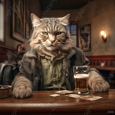 John Joseb Art (Aluminium) 80x80 | Kat drinkt een glas bier in cafÃ© in Amsterdam - kunst | vierkant, dier, bar, tafel, poes, man, bruin, groen, geel, modern | Foto-Schilderij print op Dibond (metaal wanddecoratie) | KIES JE MAAT