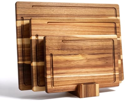 Dailygoods- Snijplankenset 3-delig - Houten Snijplanken - Acaciahout - Houder - Vooraf Geolied - Duurzaam en Stabiel - Snijplank