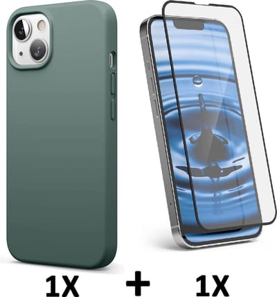 HB Hoesje Geschikt voor Apple iPhone 13 - Groen / Volledige Glazen Screenprotector - Siliconen Back Cover