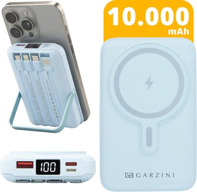 Garzini MagSafe Powerbank 10.000 mAh – Draadloos & MagSafe Opladen – 15W Snellader – 4 Kabels (USB-C, Lightning, Micro-USB, USB-A) – LED-display – iPhone 12/13/14/15/16/17 & Android - Noodpakket – Blauw