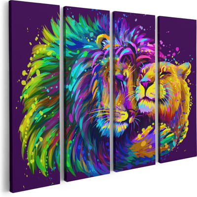 Artaza Canvas Schilderij Vierluik Gekleurde Leeuw En Leeuwin - Abstract - 80x60 - Foto Op Canvas - Canvas Print