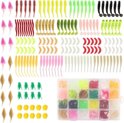 OriGlam 190pcs Fishing Topwater Lures Kits Mixed Lures Fishing Tackle Box, Soft Plastic Fishing Lures Bait Including Soft Worm Shrimp Corn Centipede for Bass Trout Zander Crappie