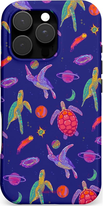 Casetastic hoesje geschikt voor Apple iPhone 16 Pro - MagSafe - Dubbellaagse bescherming - Kosmische schildpad - Fashion Case - Donkerblauw Lavendel