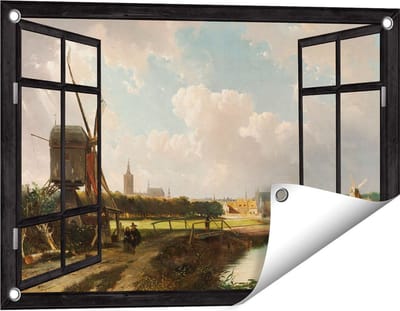 Gards Tuinposter Doorkijk Gezicht op Den Haag vanaf de Delftse Vaart in de Zeventiende Eeuw - Cornelis Springer - 60x40 cm - Tuindoek - Tuindecoratie - Wanddecoratie buiten - Tuinschilderij