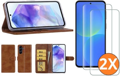 Hoesje geschikt voor Samsung Galaxy A37 5G hoesje Bruin pasjeshouder telefoon hoes - Met screenprotector tempered glass voor Galaxy A37 5G - 2x