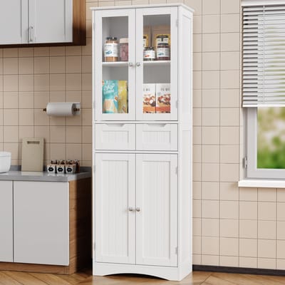 Xbro Keukenkast met Transparante Bovenkast en 2 Laden – Voorraadkast met Anti-Kantelbeveiliging – Hoge Opbergkast voor Keuken, Woonkamer of Washok – 60x30x170 cm