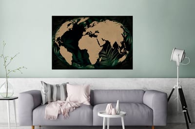 Aluminium schilderij 180x120 cm - Wanddecoratie metaal - Wereldkaart - Wereldbol - Planten - Metalen muurdecoratie woonkamer - Decoratie industrieel - Foto op dibond - Industriële accessoires slaapkamer
