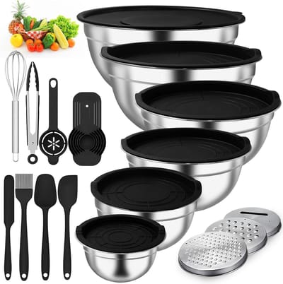 Roestvrij stalen mengkom set van 6 - 47L 38L 28L 19L 14L 07L - voor koken bakken opslag - vaatwasmachinebestendig - incl. rasp (standaard)
