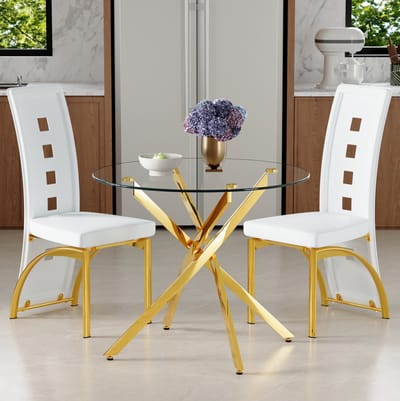 Set Tafel En Stoelen - Ronde Eettafel Met 2 Stoelen - Geometrische Rugleuning En Comfort - Voor Keuken En Eethoek - Metaal Kunststof Wit Goud