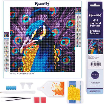 Figured'Art Mini Diamond Painting set Volwassenen 25x25 cm Gracieuze Pauw - 5D DIY Art full drill ronde diamant - Opgerold canvas