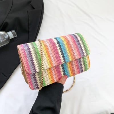 Herfst Nieuwe Stro Geweven Tas voor Dames Casual Eenvoudig en Modieus Regenboog Schoudertas Geweven Tas Strandtas gray