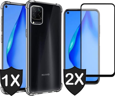 Hoesje geschikt voor Huawei P40 Lite en 2x Screenprotector - Transparant Shock Proof Case + 2x Full Screen Protector Glas