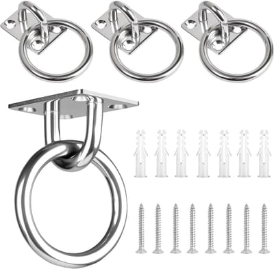 4 Stuks Oogplaat Roestvrij Staal, 40 X 50 mm Oogplaat met Ring M5, Metalen Bevestigingsring, Plafondhaak met Schroeven en Spreidbuis, Bevestigingshaken voor Hangende Voorwerpen, Luifels, Dekplaten