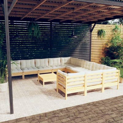 vidaXL - 12-delige - Loungeset - met - crèmekleurige - kussens - grenenhout