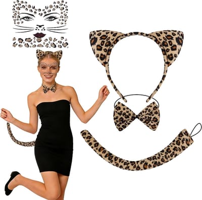 Leopard Kostuum voor Vrouwen en Kinderen met Oren, Staart en Strik - Dierenkostuum voor Carnaval en Cosplay met Stickers