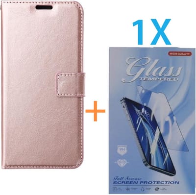 Bookcase Geschikt voor: Apple iPhone 16 Pro Max - Rosegoud - portemonnee hoesje - + 1X Tempered Glass Screenprotector