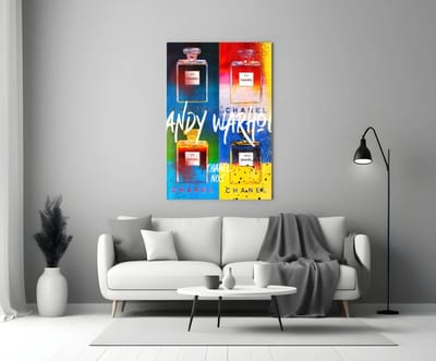 Glasschilderij Andy Warhol and Chanel – 110 x 70 cm – Pop Art op Gehard Glas – Moderne Wanddecoratie