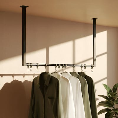 CLP Fenton Kledingstang - kledingstandaard - kledingroede - garderobestang - kleding stang - voor plafondmontage - met 12 haken - zwart