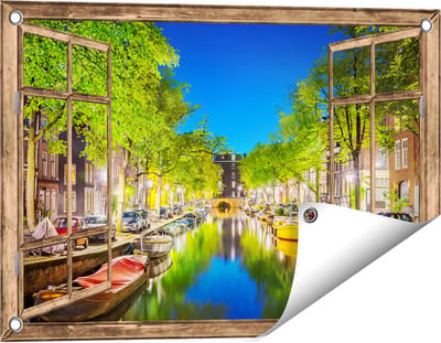 Gards Tuinposter Doorkijk Amsterdamse Gracht in de Nacht - 60x40 cm - Tuindoek - Tuindecoratie - Wanddecoratie buiten - Tuinschilderij