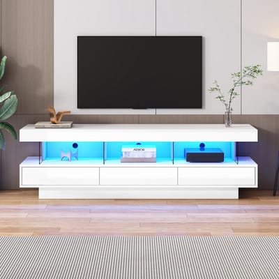 Pugsdrly witte hoogglans tv-kast 160/38/50,5 cm met 3 glazen vakken led-verlichting app-bediening Bluetooth-verbinding voor 70 inch tv hoogglans met glazen tv-standaard smart tv-kast