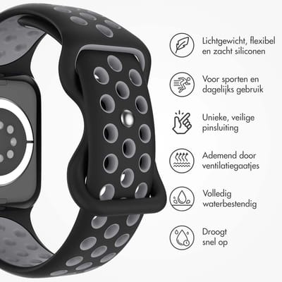 Siliconen Sport⁺ bandje - Geschikt voor Apple Watch 1, 12, 2, 3, 4, 5, 6, 7, 8, 9, 10, 11 (42 mm), SE - 38/40/41 mm - Zwart
